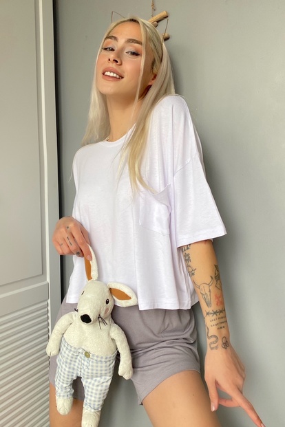 Cep Detaylı Örme Kısa Kollu Şortlu Pijama Takımı - 1