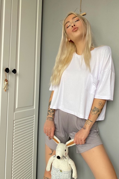 Cep Detaylı Örme Kısa Kollu Şortlu Pijama Takımı - 2