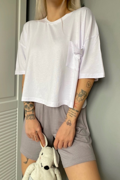 Cep Detaylı Örme Kısa Kollu Şortlu Pijama Takımı - 3