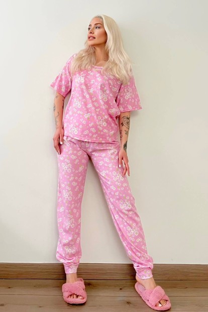 Chamomile Baskılı Kısa Kollu Kadın Pijama Takımı - 5