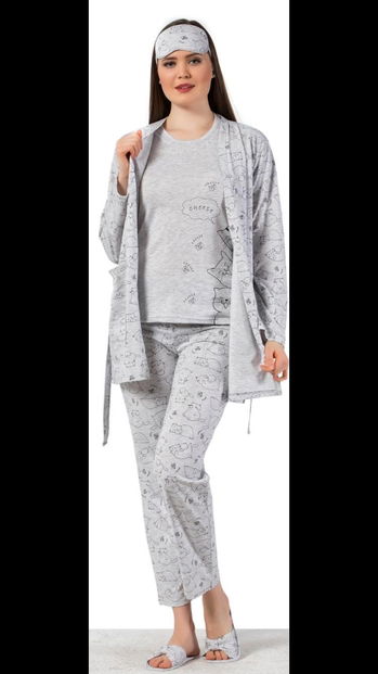 Cheese Cat Desenli Sabahlıklı Pijama Takımı - 1