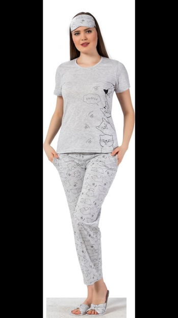 Cheese Cat Desenli Sabahlıklı Pijama Takımı - 2