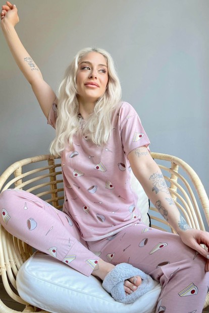 Cheesecake Kahve Baskılı Kısa Kollu Kadın Pijama Takımı - 2