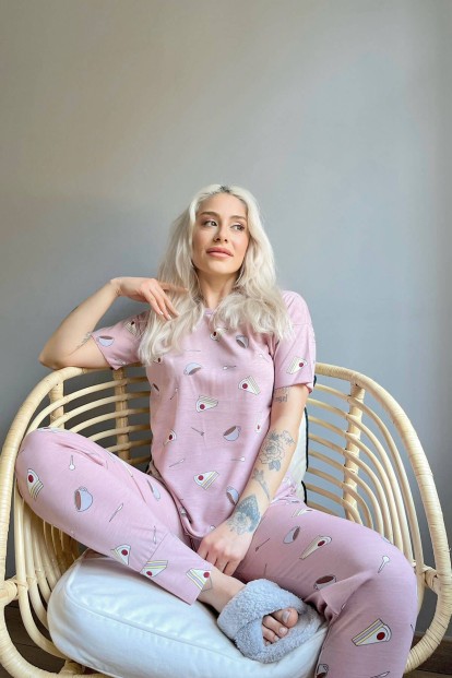 Cheesecake Kahve Baskılı Kısa Kollu Kadın Pijama Takımı - 3