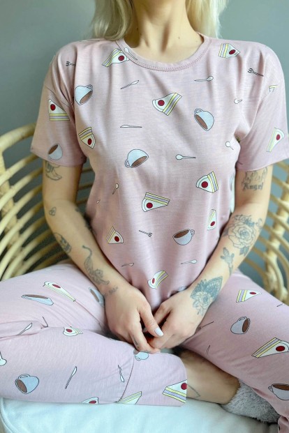 Cheesecake Kahve Baskılı Kısa Kollu Kadın Pijama Takımı - 4