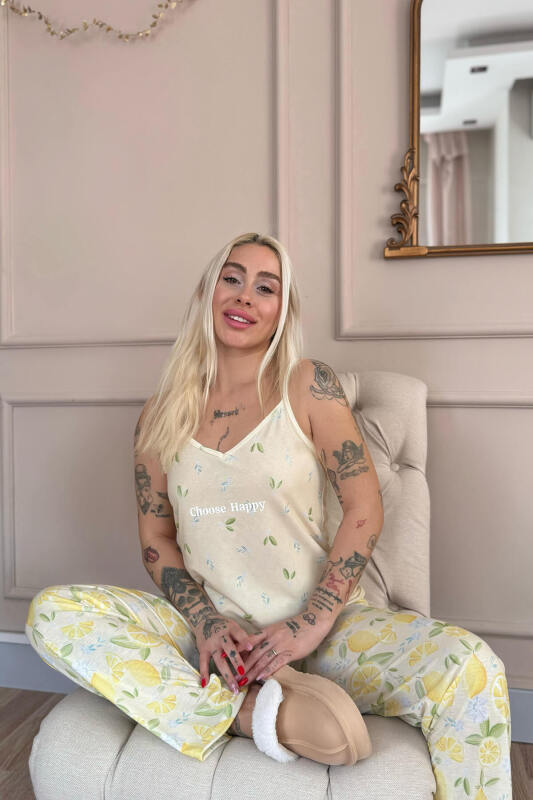 Choose Happy Baskılı Ip Askılı Örme Kadın Pijama Takımı - Pijamaevi (1)