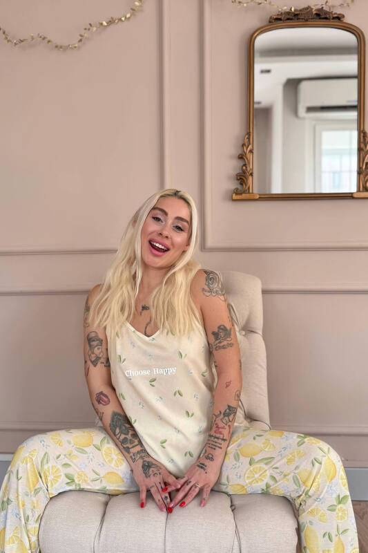 Choose Happy Baskılı Ip Askılı Örme Kadın Pijama Takımı - Pijamaevi (3)