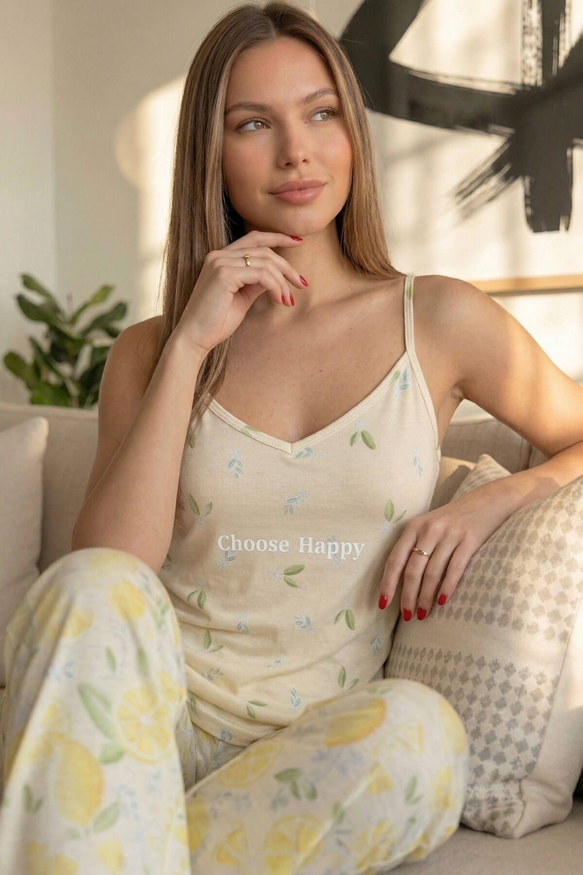 Choose Happy Baskılı Ip Askılı Örme Kadın Pijama Takımı - Pijamaevi