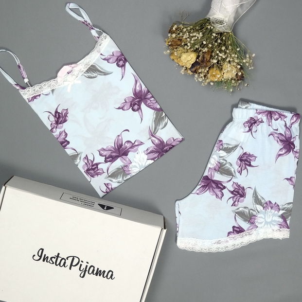 Çiçek Desenli Dantel Detaylı Şortlu Saten Yazlık Bayan Pijama Takımı - 2