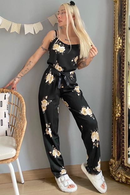 Çiçek Desenli Dantelli İp Askılı Örme Kadın Pijama Takımı - 2