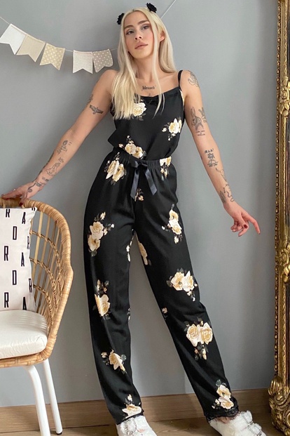 Çiçek Desenli Dantelli İp Askılı Örme Kadın Pijama Takımı - 5