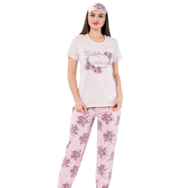 Çiçek Desenli Kısa Kollu Pijama Takımı - 1