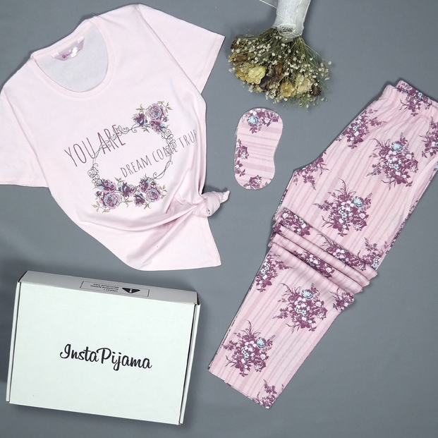 Çiçek Desenli Kısa Kollu Pijama Takımı - 2