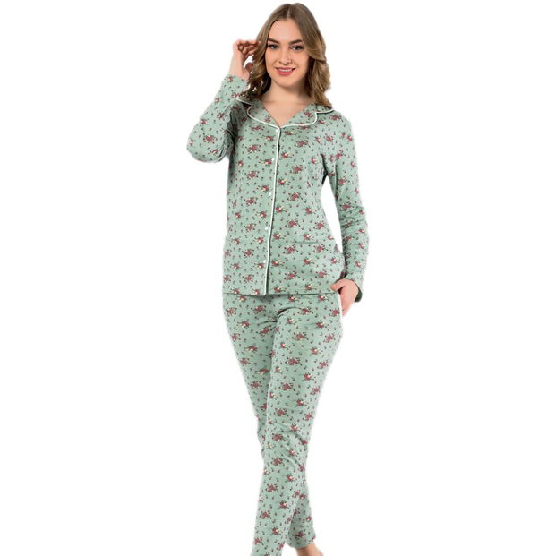 Çiçek Desenli Pamuklu Önden Düğmeli Pijama Takımı - 1