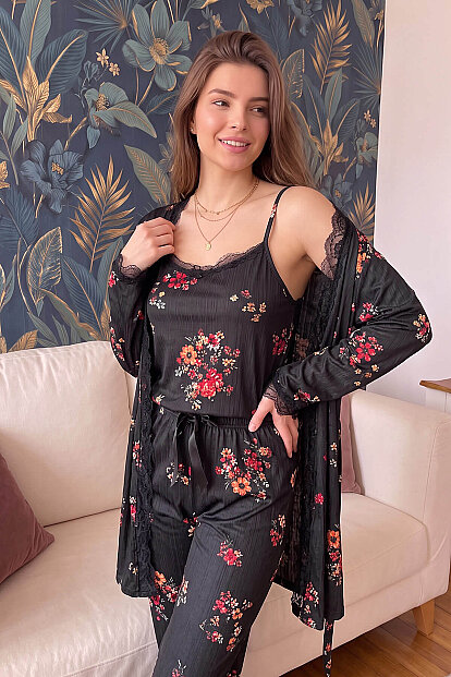 Çiçek Desenli Sabahlıklı Pegasus Pijama Takımı - 5