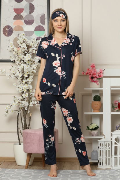 Çiçek Desenli Viskon Pamuk Önden Düğmeli Kısa Kollu Pijama Takımı - 2