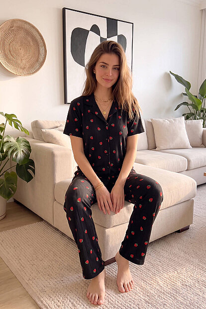 Çilek Desenli Örme Önden Düğmeli Kısa Kol Kadın Pijama Takımı - 5