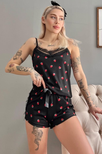 Çilek Pegasus Dantel Detaylı İp Askı Şortlu Örme Pijama Takımı - 6