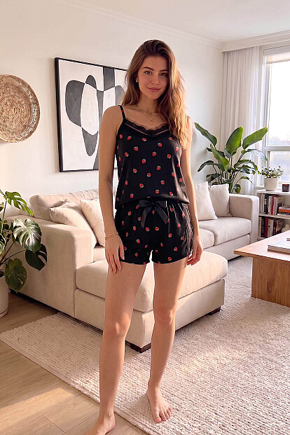 Çilek Pegasus Dantel Detaylı İp Askı Şortlu Örme Pijama Takımı - 6