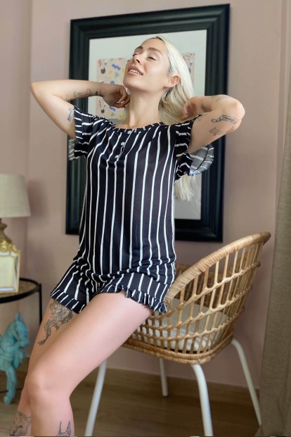 Çizgi Desenli Örme Kısa Kol Şortlu Pijama Takımı - 1