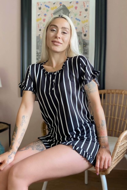 Çizgi Desenli Örme Kısa Kol Şortlu Pijama Takımı - 3