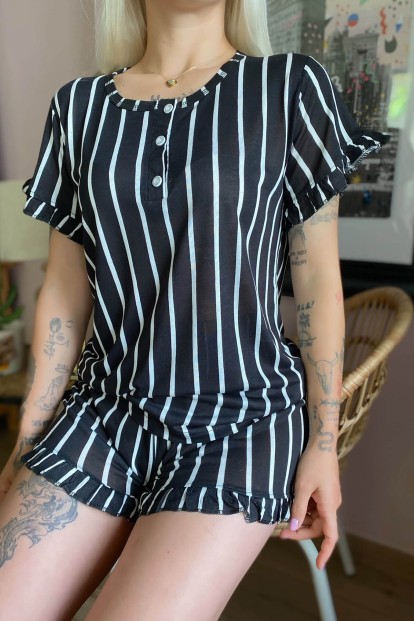 Çizgi Desenli Örme Kısa Kol Şortlu Pijama Takımı - 4