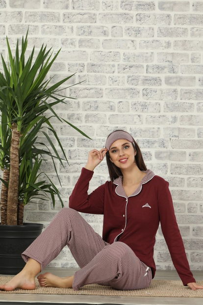 Çizgili Bordo Kadın Önden Düğmeli Bambu Pijama Takımı - 1