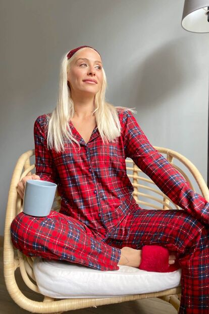 Çizgili Kareli Baskılı Önden Düğmeli Uzun Kollu Kadife Pijama Takımı - 2