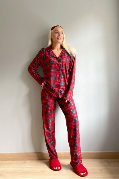 Çizgili Kareli Baskılı Önden Düğmeli Uzun Kollu Kadife Pijama Takımı - 5