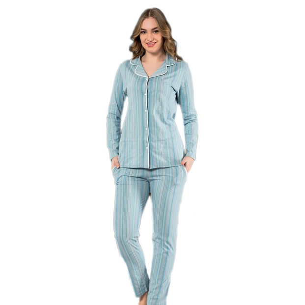 Çizgili Pamuklu Önden Düğmeli Pijama Takımı - 1