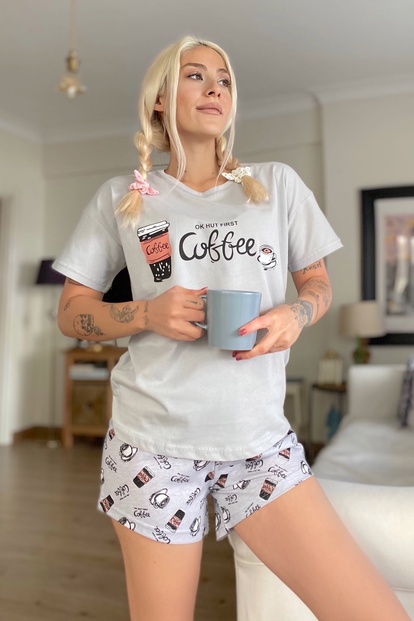 Coffee Baskılı Şortlu Kadın Pijama Takımı - 2