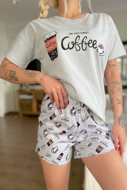Coffee Baskılı Şortlu Kadın Pijama Takımı - 4