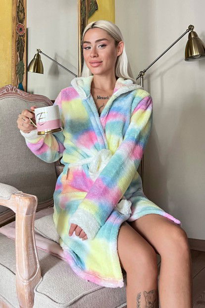 Çok Renkli Soft Desenli Peluş Polar Kadın Sabahlık - 1