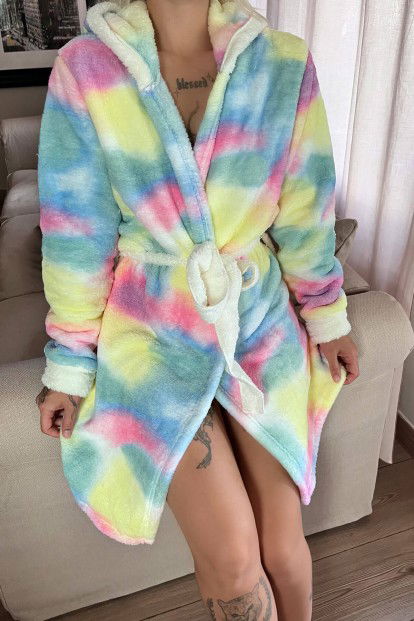 Çok Renkli Soft Desenli Peluş Polar Kadın Sabahlık - 5
