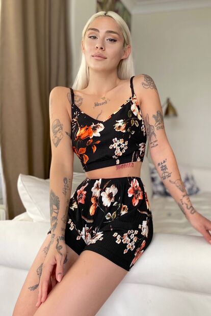 Çok Renkli Şortlu Bustiyer Pijama Takım - 1