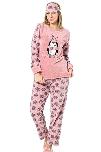 Cold Penguen Desenli Kadın Peluş Pijama Takımı - 1