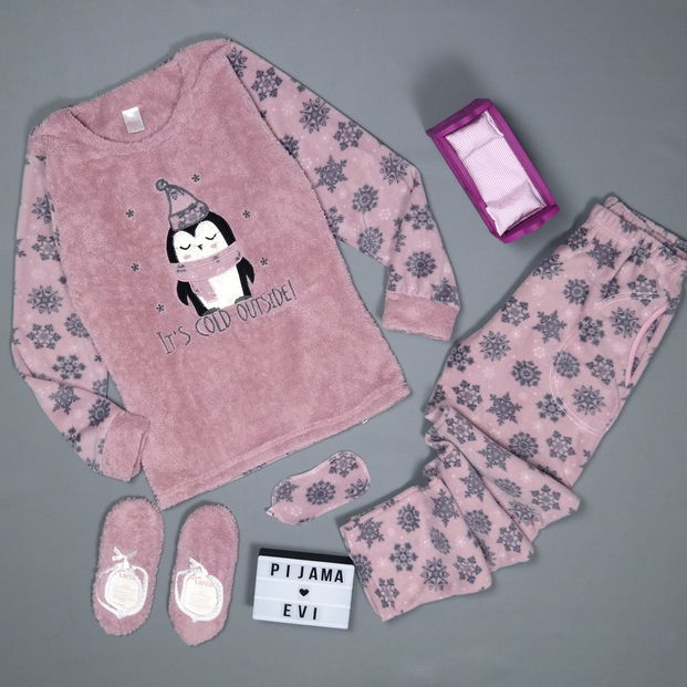 Cold Penguen Desenli Kadın Peluş Pijama Takımı - 2