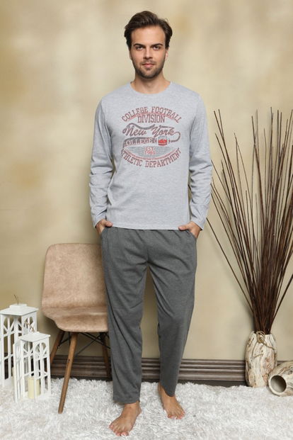 College Baskılı Uzun Kollu Erkek Pijama Takımı - 1