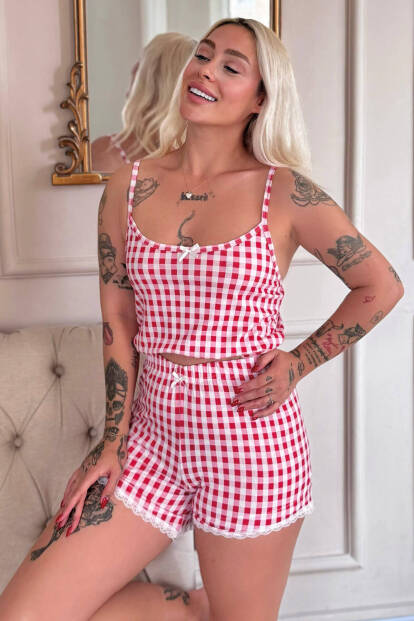 Coquelicot Charm Desenli Ip Askılı Şortlu Bambu Kadın Pijama Takımı - 1