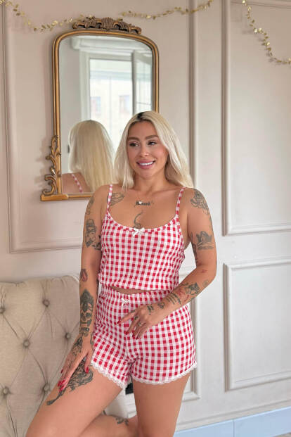 Coquelicot Charm Desenli Ip Askılı Şortlu Bambu Kadın Pijama Takımı - 2
