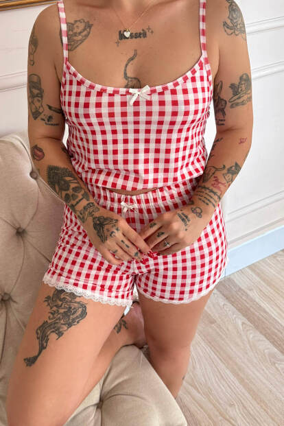 Coquelicot Charm Desenli Ip Askılı Şortlu Bambu Kadın Pijama Takımı - 5