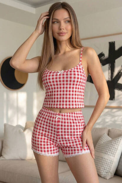 Coquelicot Charm Desenli Ip Askılı Şortlu Bambu Kadın Pijama Takımı - 3