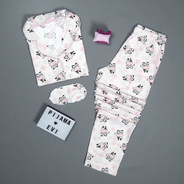 Cow Desenli Önden Düğmeli Kısa Kollu Pijama Takımı - 1