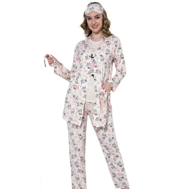 Cow Desenli Sabahlıklı Pijama Takımı - 3