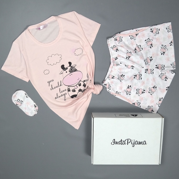 Cow Desenli Şortlu Bayan Pijama Takımı - 2