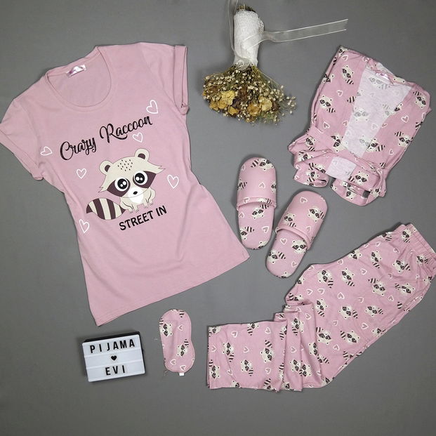 Crazy Raccoon Desenli Sabahlıklı Pijama Takımı - 3