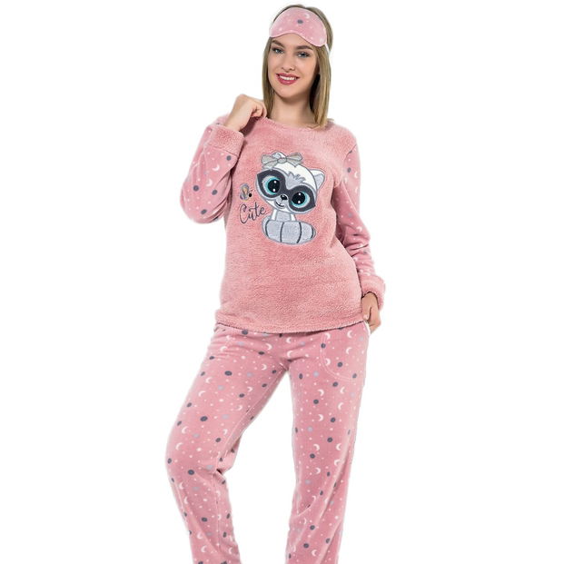Cut Cat Desenli Kadın Peluş Pijama Takımı - 1