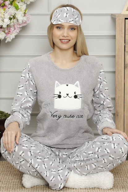 Cute Cat Desenli Kadın Peluş Pijama Takımı - 1