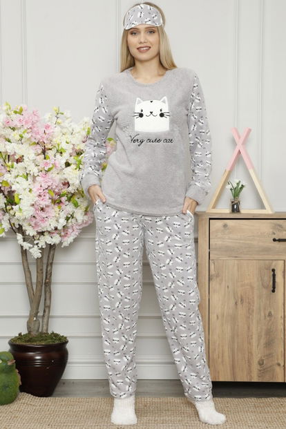 Cute Cat Desenli Kadın Peluş Pijama Takımı - 2