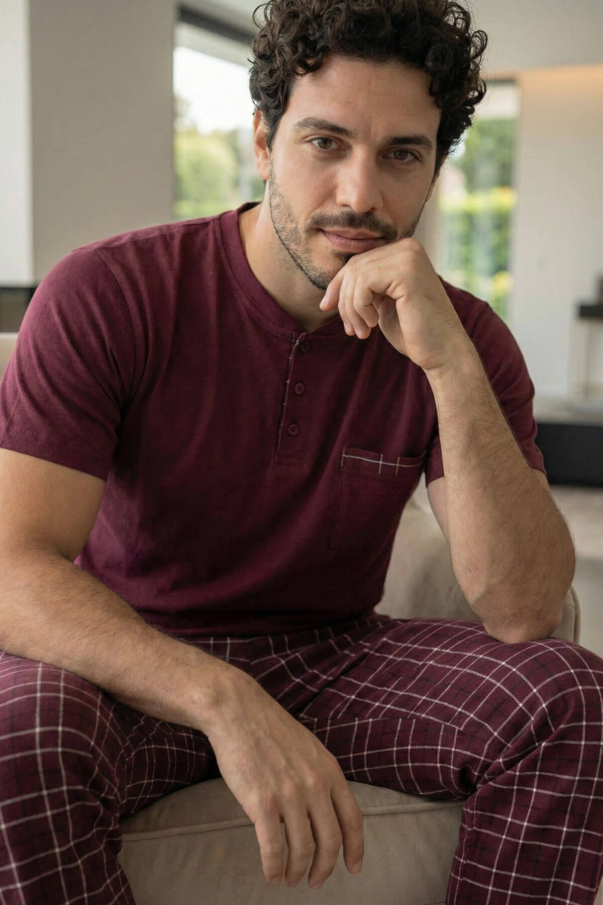Deep Maroon Kısa Kollu Cep Detaylı Elegant Erkek Pijama Takımı - Pijamaevi
